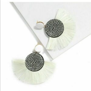 Post Drop Crystal Center White Fan Fringe Earrings